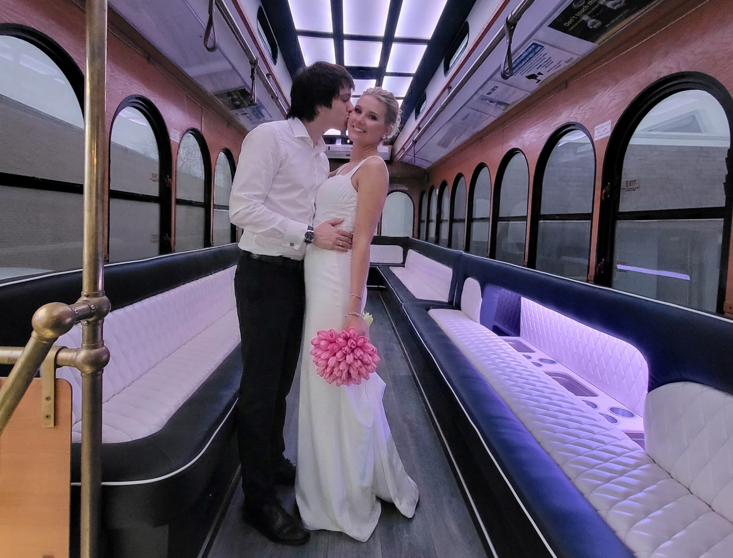 trolley interior with bride & groom